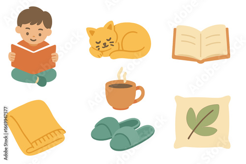 Cozy Porch Icons. Flat vector mini-illustrations cozy porch moments in colors children's illustrations: child reading, pet