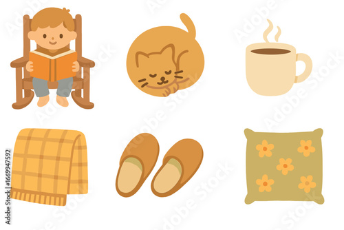 Cozy Porch Icons. Flat vector mini-illustrations cozy porch moments in colors children's illustrations: child reading, pet