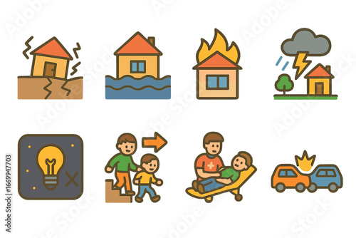 Crisis Icons for Kids. Flat vector mini-illustrations crisis situations in colors children's illustrations: earthquake, flood,
