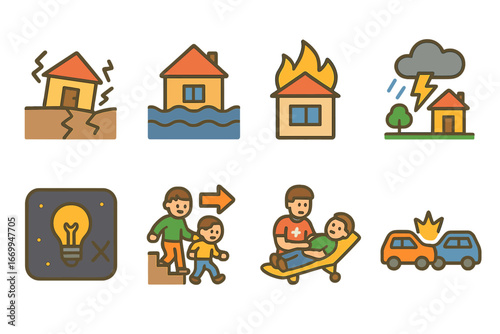 Crisis Icons for Kids. Flat vector mini-illustrations crisis situations in colors children's illustrations: earthquake, flood,