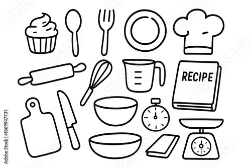 Culinary Sketch Icons. Hand-drawn doodle illustration food sample cupcake, spoon, fork, plate, chef hat, rolling pin, whisk,