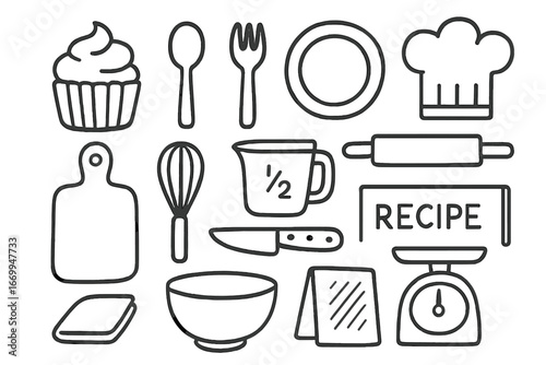 Culinary Sketch Icons. Hand-drawn doodle illustration food sample cupcake, spoon, fork, plate, chef hat, rolling pin, whisk,