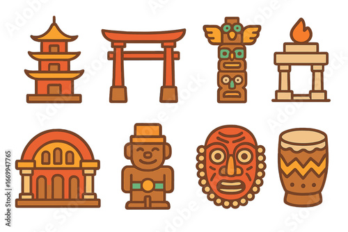 Cultural Monuments Icons. Flat vector mini-illustrations cultural monuments in colors children's illustrations: traditional pagoda