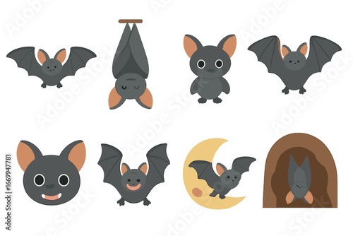 Cute Bat Illustrations. Flat vector mini-illustrations bat in colors children's illustrations: flying bat, sleeping bat hanging,