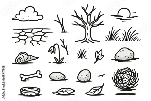 Desolate Doodle Landscape. Hand-drawn doodle illustration bleakness barrenness empty landscape, cracked earth, dead tree, withered