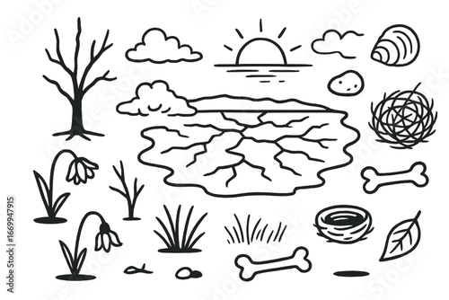 Desolate Doodle Landscape. Hand-drawn doodle illustration bleakness barrenness empty landscape, cracked earth, dead tree, withered