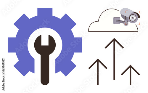 Gear with wrench for maintenance, cloud with surveillance camera for digital security, and upward arrows for growth. Ideal for technology, cloud computing, cybersecurity, system optimization