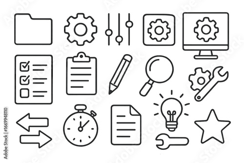 Doodle Icon Collection. Hand-drawn doodle illustration preset collection folder, gear, sliders, computer screen, settings icon,