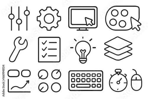 Doodle Design Elements. Hand-drawn doodle illustration preset sliders, gear, computer screen, cursor, color palette, wrench,