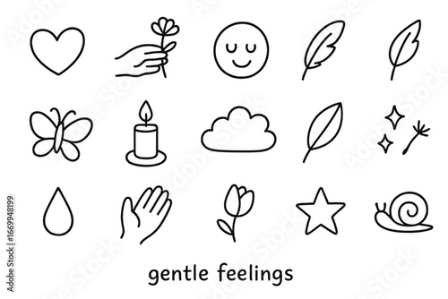 Doodle Harmony Symbols. Hand-drawn doodle illustration gentle feelings heart, hand holding flower, smiling face, closed eyes,