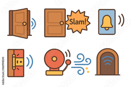 Door Sounds Icons. Flat vector mini-illustrations door sounds in colors children's illustrations: creaking door, slam sound,