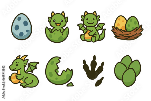 Dragon Eggs and Babies. Flat vector mini-illustrations dragon eggs and babies in colors children's illustrations: dragon egg,