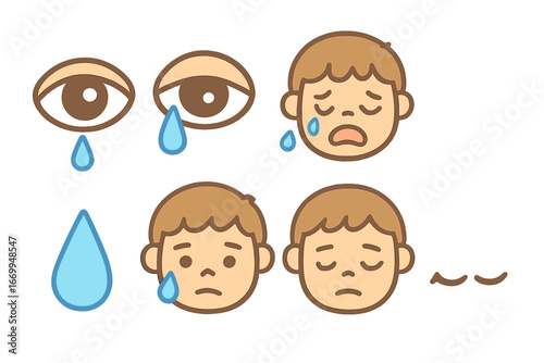 Emotional Eyes and Tears. Flat vector mini-illustrations eyes and tears in colors children's illustrations: single tear, stream of