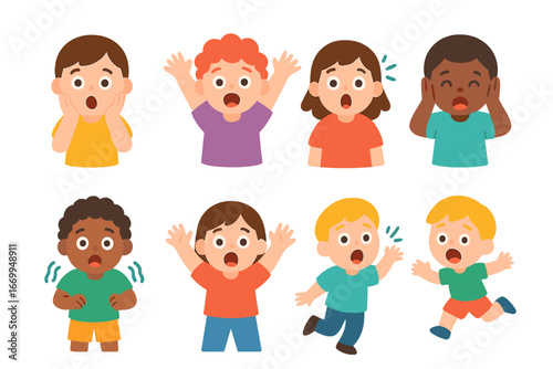 Expressive Kids' Gestures. Flat vector mini-illustrations scream gestures in colors children's illustrations: hands on cheeks,