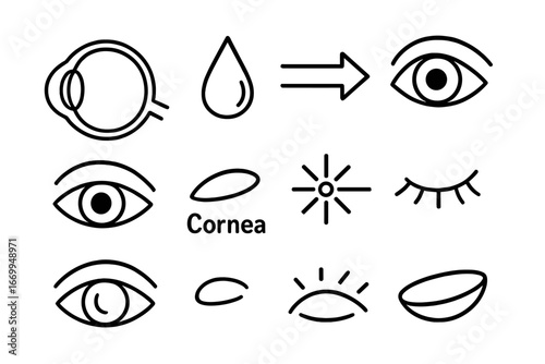 Eye Doodle Compilation. Hand-drawn doodle illustration cornea eye, cornea, pupil, iris, tear drop, light ray, eyeball outline,