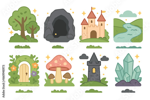Fairy Tale Icons. Flat vector mini-illustrations fairy tale settings in colors children's illustrations: enchanted forest, dark