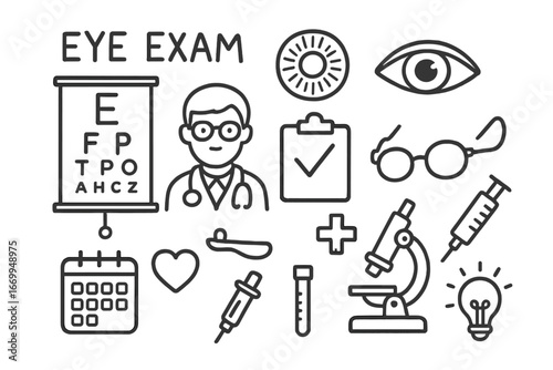 Eye Exam Icons. Hand-drawn doodle illustration pupil eye exam eye chart, pupil, iris, eye, glasses, contact lens, doctor,