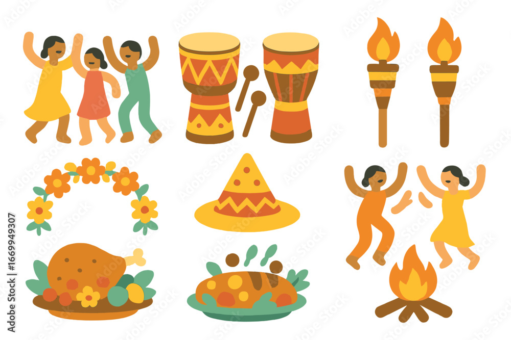 Fototapeta premium Festive Ritual Illustrations. Flat vector mini-illustrations festive ritual in colors children's illustrations: dancing figures,