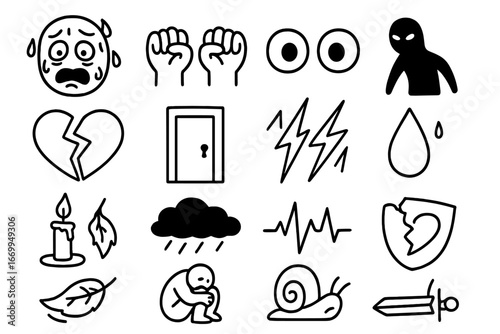 Fearful Doodle Icons. Hand-drawn doodle illustration fear and avoidance closed eyes, trembling hand, running feet, shadow figure,