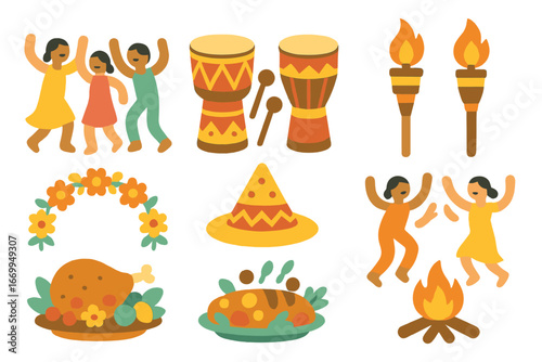 Festive Ritual Illustrations. Flat vector mini-illustrations festive ritual in colors children's illustrations: dancing figures,