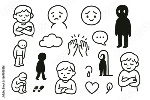 Fearful Doodle Icons. Hand-drawn doodle illustration fear and avoidance closed eyes, trembling hand, running feet, shadow figure,