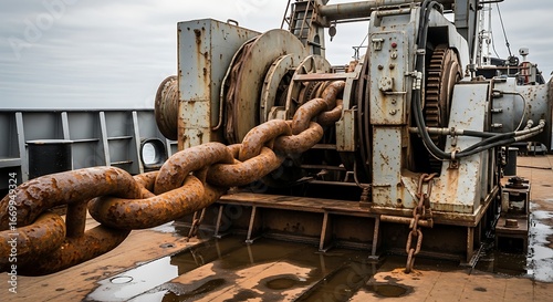 Rusty Anchor Chain Wrapped Around Industrial Winch on Ship Deck.