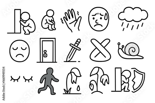 Fear and Avoidance Icons. Hand-drawn doodle illustration fear and avoidance closed eyes, trembling hand, running feet, shadow