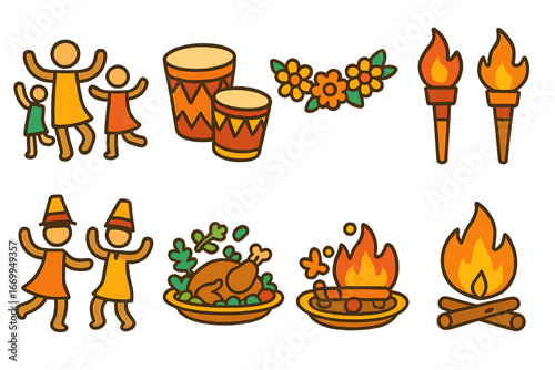 Festive Ritual Illustrations. Flat vector mini-illustrations festive ritual in colors children's illustrations: dancing figures,