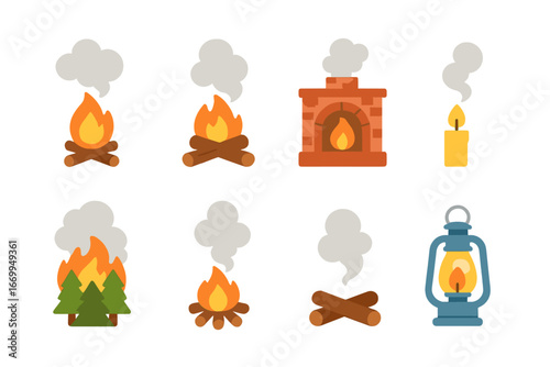 Fire and Smoke Icons. Flat vector mini-illustrations fire and smoke in colors children's illustrations: campfire with smoke,