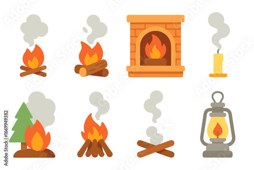 Fire and Smoke Icons. Flat vector mini-illustrations fire and smoke in colors children's illustrations: campfire with smoke,