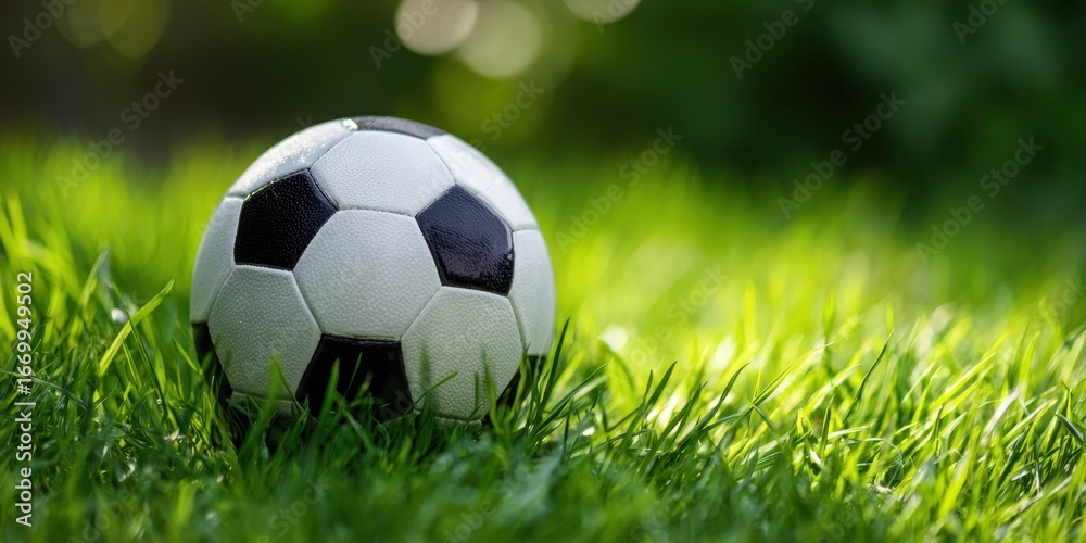 Naklejka premium The Soccer Ball Resting on Dewy Green Grass in Sunny Shallow Depth Field