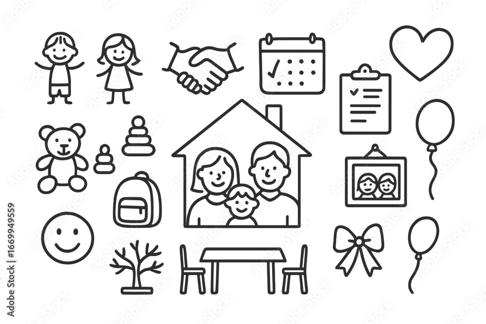 Fototapeta premium Foster Family Icons. Hand-drawn doodle illustration foster family adoption family, house, heart, children, handshake, calendar,