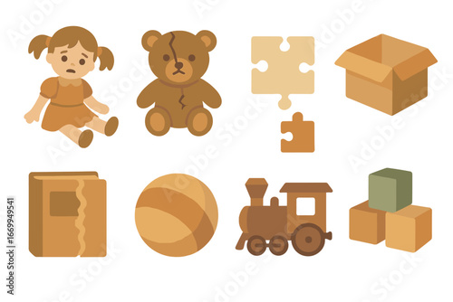 Forgotten Toys Icons. Flat vector mini-illustrations forgotten toys in colors children's illustrations: broken doll, cracked teddy