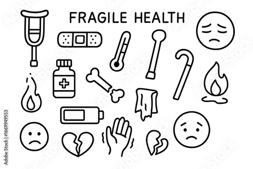 Fragile Health Icons. Hand-drawn doodle illustration fragile health crutch, bandage, thermometer, tired face, drooping eyelids,