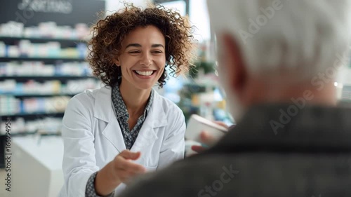 Smiling pharmacist helping customer in drugstore.