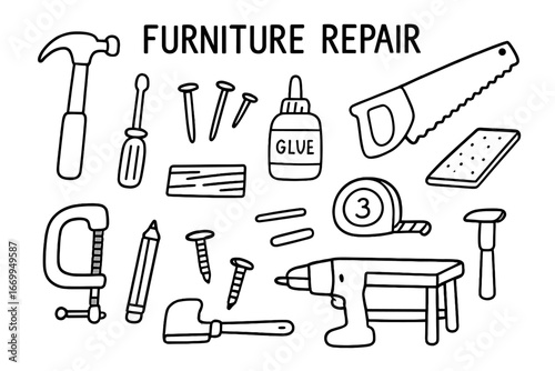 Furniture Repair Tools. Hand-drawn doodle illustration furniture repair hammer, screwdriver, nails, glue, wood plank, saw,