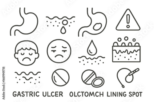 Gastric Ulcer Doodle. Hand-drawn doodle illustration gastric ulcer stomach lining, broken mucus layer, ulcer spot, stomach icon,