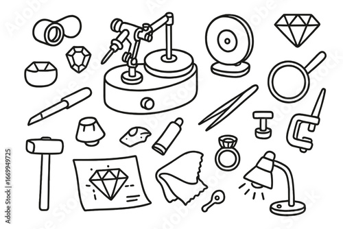 Gem Cutter's Workspace. Hand-drawn doodle illustration gem cutter’s workspace faceting machine, loupe, polishing wheel, gemstone,