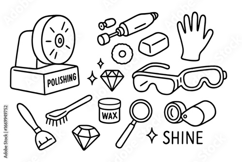 Gem Polishing Tools. Hand-drawn doodle illustration gemstone polisher polishing wheel, rotary tool, polishing compound, buffing