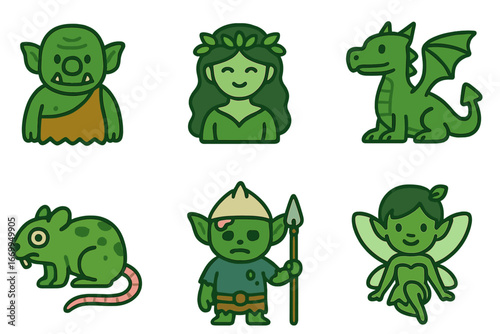 Green Fantasy Creatures. Flat vector mini-illustrations green skin fantasy creatures in colors children's illustrations: troll
