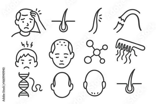 Hair Loss Doodles. Hand-drawn doodle illustration hair loss and follicles falling hair, hair follicle, root bulb, thinning strand,