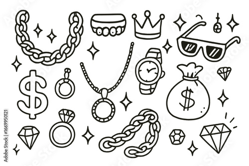 Hip Hop Icons. Hand-drawn doodle illustration hip hop bling gold chain, diamond grill, flashy watch, dollar sign, sparkling