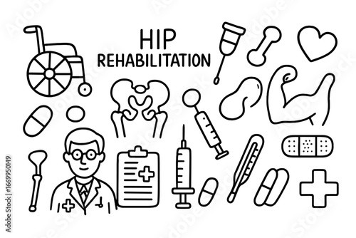 Hip Rehabilitation Tools. Hand-drawn doodle illustration hip rehabilitation wheelchair, crutch, dumbbell, muscle, hip bone, pelvis