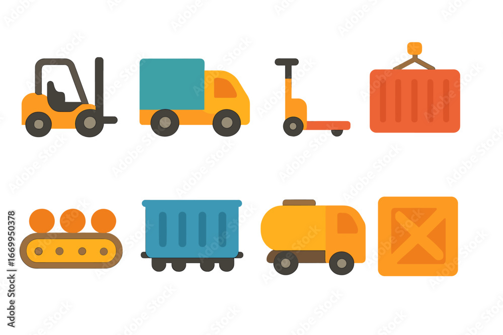 Fototapeta premium Industrial Transport Icons. Flat vector mini-illustrations industrial transport in colors children's illustrations: forklift,