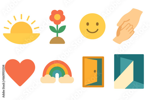Hope Through Icons. Flat vector mini-illustrations loneliness and hope in colors children's illustrations: sunrise, blooming