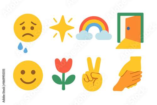 Hopeful Symbols Grid. Flat vector mini-illustrations mental breakdown and hope in colors children's illustrations: shining star,