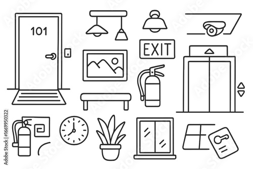 Hotel Corridor Doodles. Hand-drawn doodle illustration hotel corridor door, carpet, light fixture, exit sign, fire extinguisher,