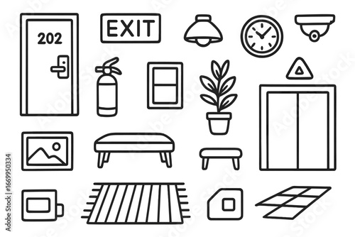 Hotel Corridor Doodles. Hand-drawn doodle illustration hotel corridor door, carpet, light fixture, exit sign, fire extinguisher,