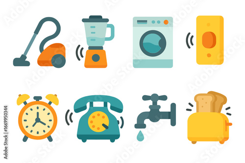 Household Noise Icons. Flat vector mini-illustrations household noises in colors children's illustrations: vacuum cleaner, blender