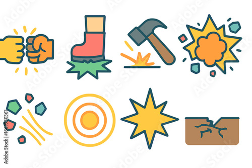 Impact Icons Grid. Flat vector mini-illustrations sudden impact in colors children's illustrations: fist bump, foot stomp, hammer